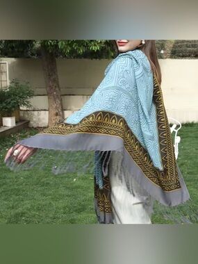 Dana Xu 100% wool poncho Light Blue Patterned Fringe Shawl with Brown Border